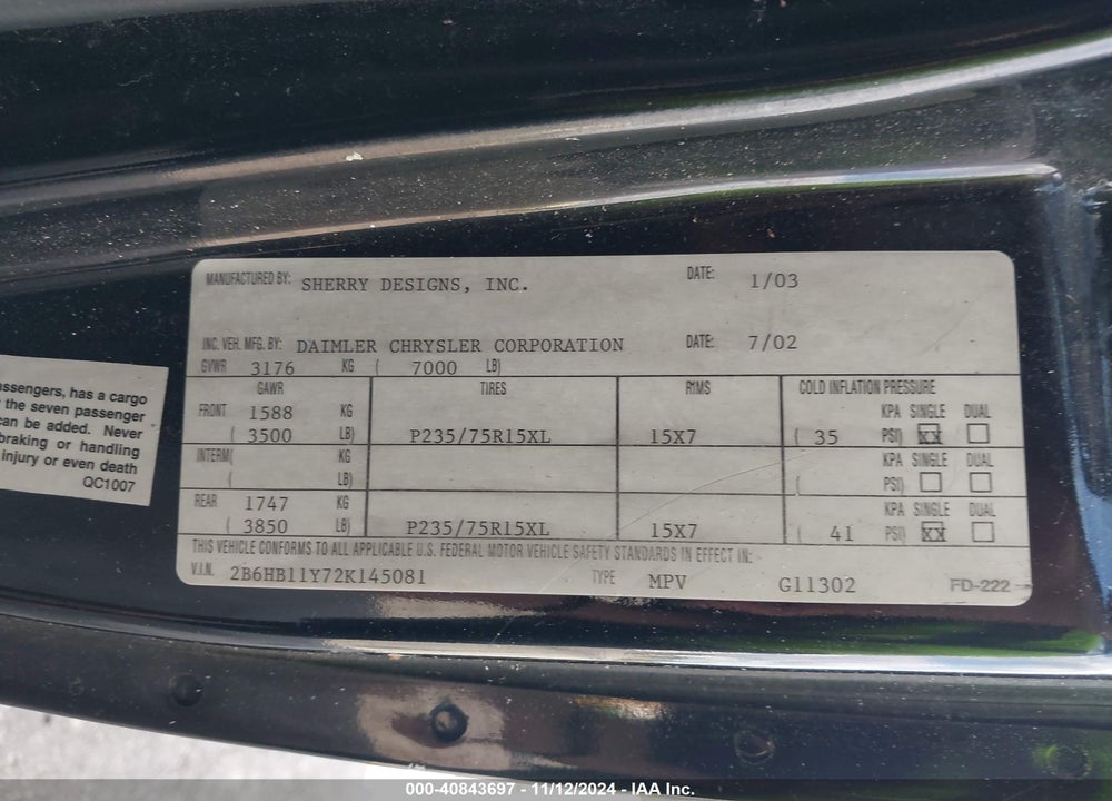 2002 DODGE RAM VAN 1500 CONVERSION VIN: 2B6HB11Y72K145081