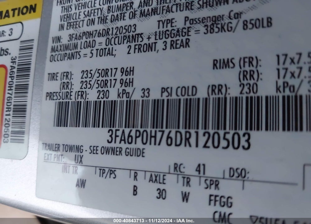 2013 FORD FUSION SE VIN: 3FA6P0H76DR120503