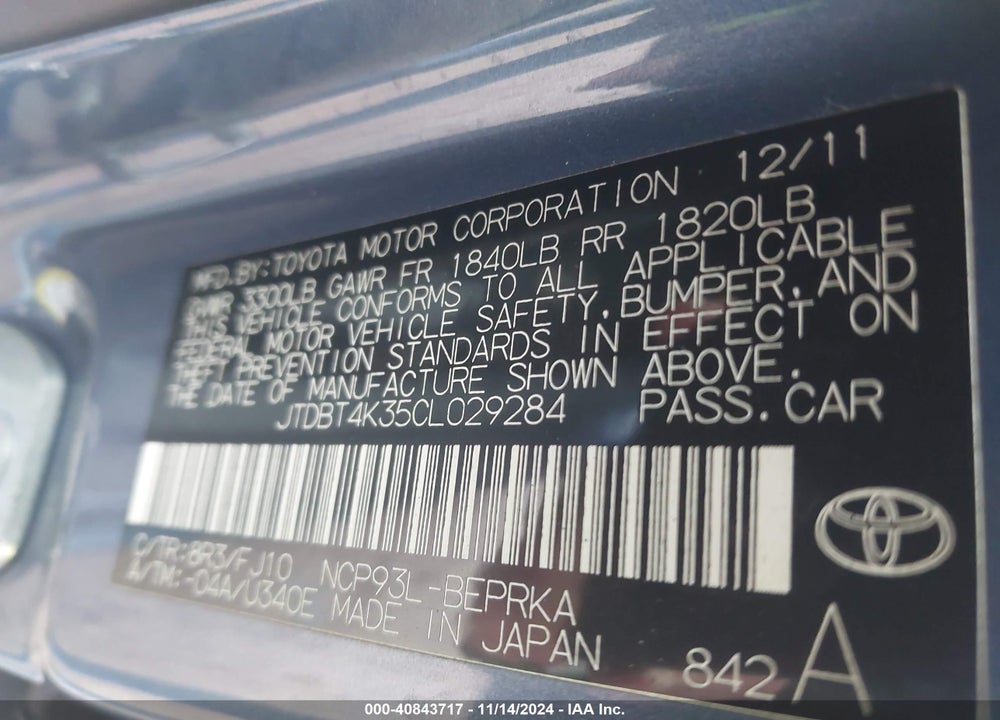 2012 TOYOTA YARIS VIN: JTDBT4K35CL029284