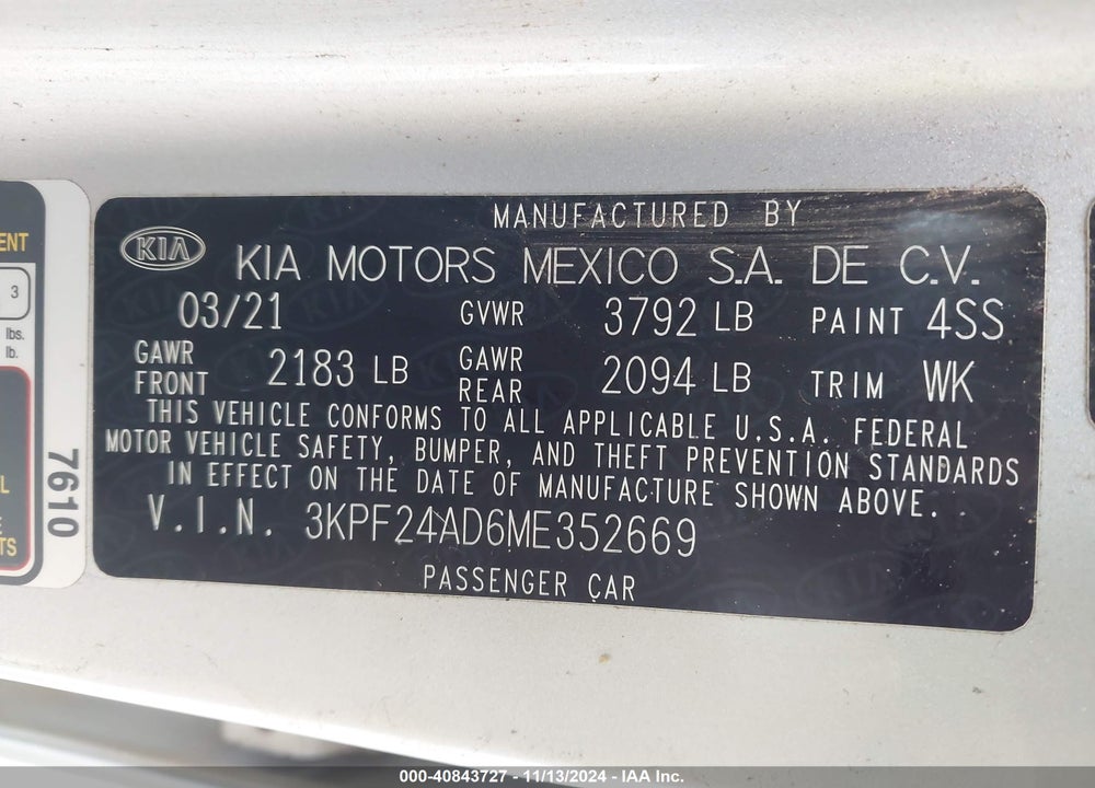 2021 KIA FORTE LXS VIN: 3KPF24AD6ME352669