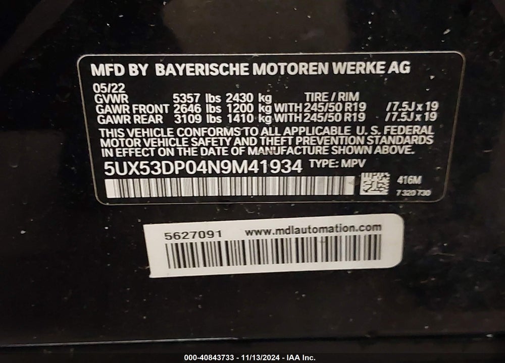 2022 BMW X3 XDRIVE30I VIN: 5UX53DP04N9M41934