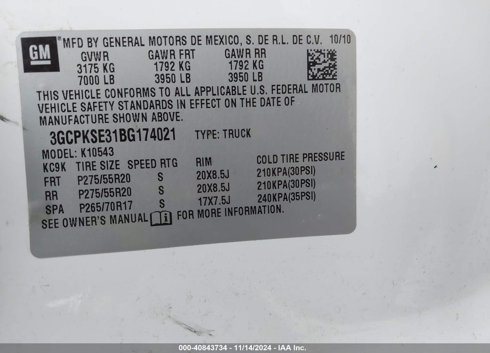 2011 CHEVROLET SILVERADO 1500 LT VIN: 3GCPKSE31BG174021