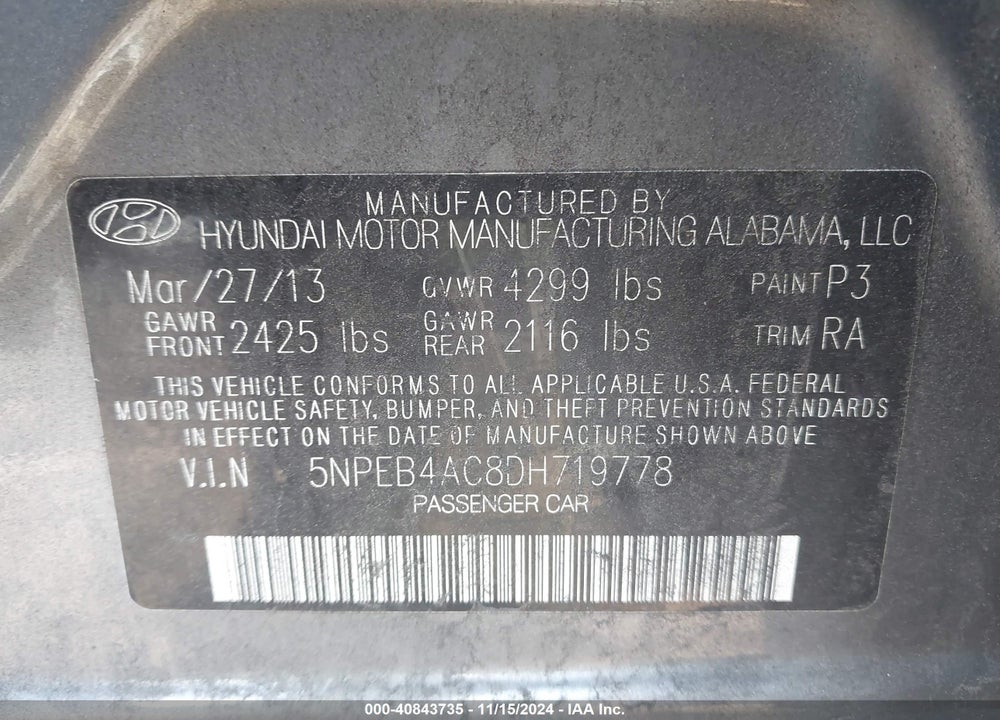 2013 HYUNDAI SONATA GLS VIN: 5NPEB4AC8DH719778
