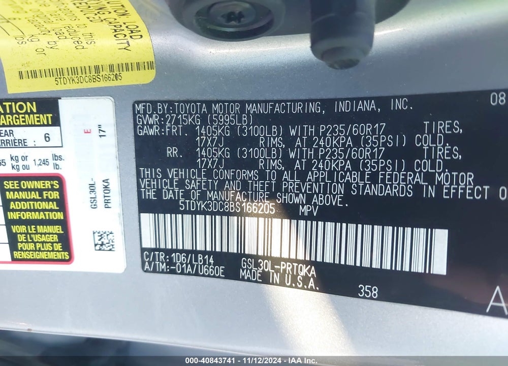 2011 TOYOTA SIENNA XLE V6 VIN: 5TDYK3DC8BS166205