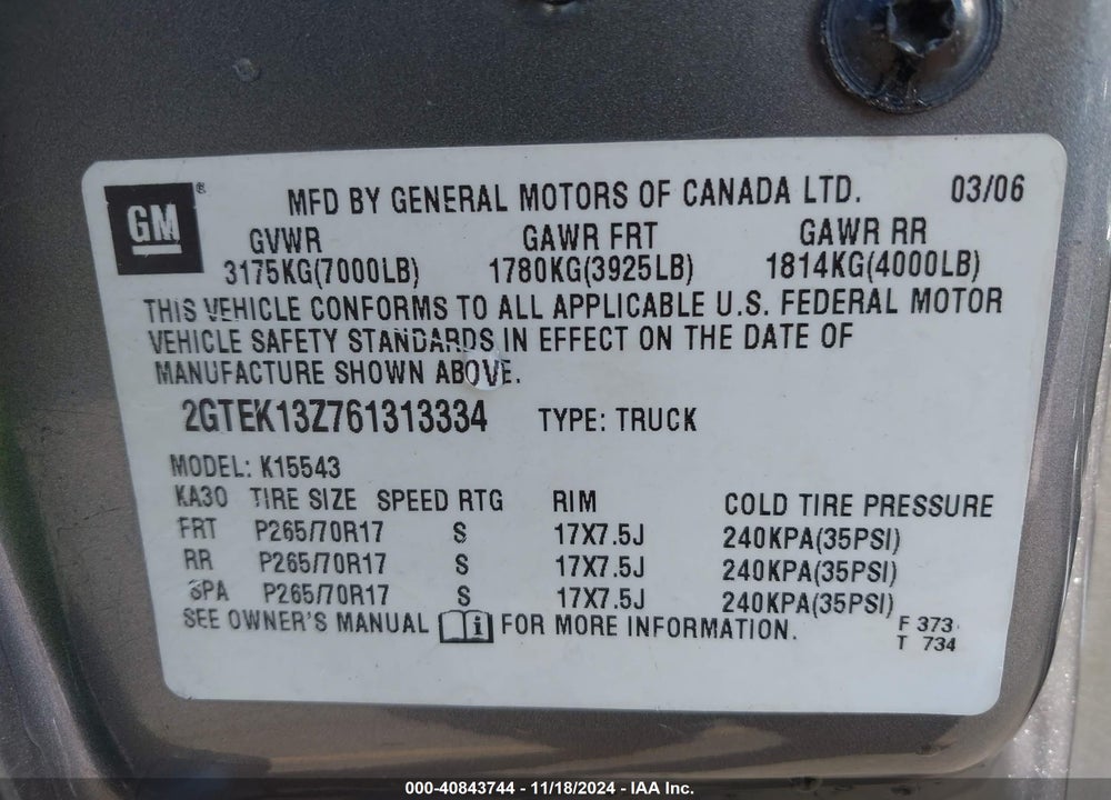 2006 GMC SIERRA 1500 SLE1 VIN: 2GTEK13Z761313334