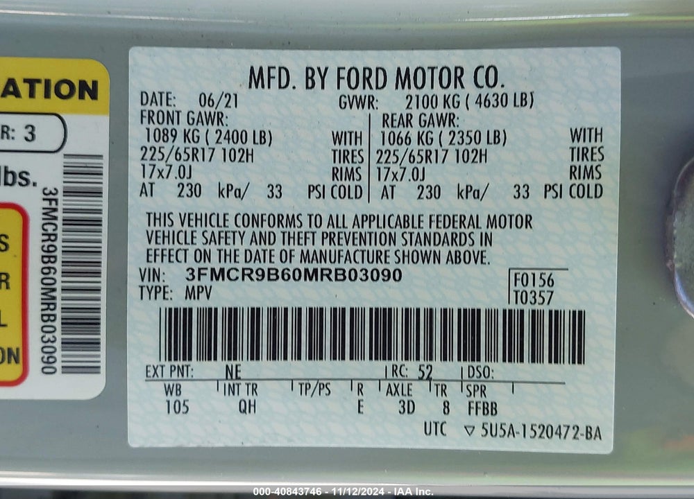 2021 FORD BRONCO SPORT BIG BEND VIN: 3FMCR9B60MRB03090