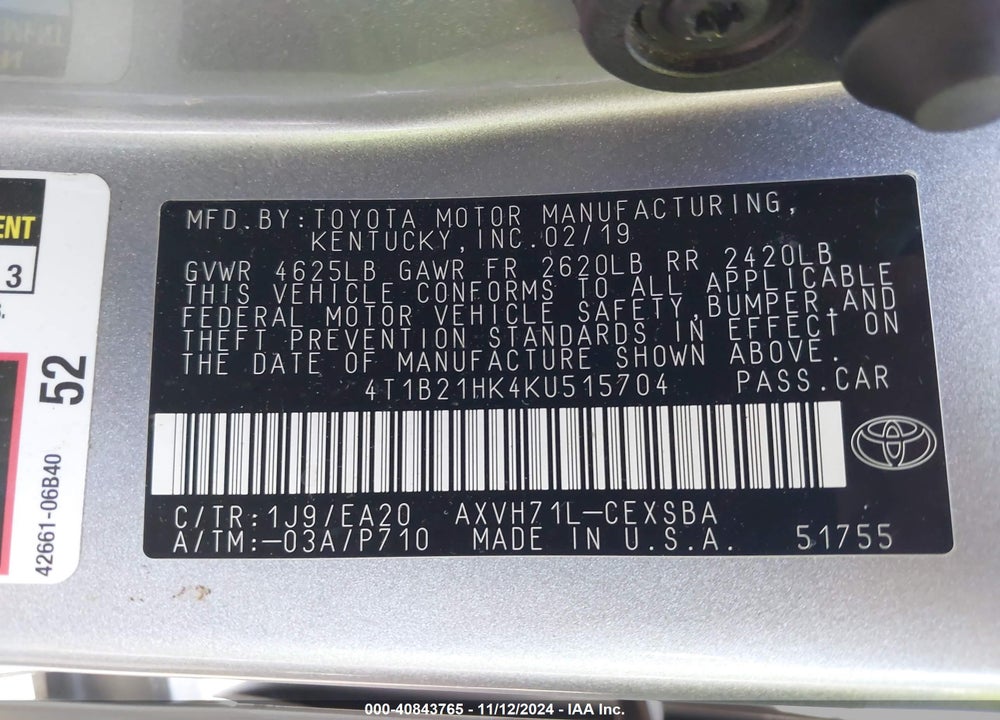 2019 TOYOTA CAMRY HYBRID SE VIN: 4T1B21HK4KU515704