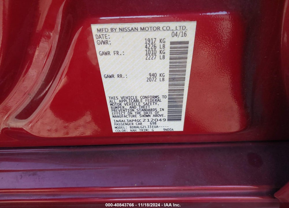 2016 NISSAN ALTIMA 2.5/2.5 S/2.5 SL/2.5 SR/2.5 SV VIN: 1N4AL3AP4GC212049