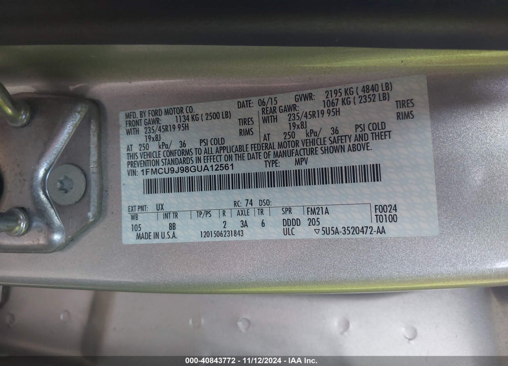 2016 FORD ESCAPE TITANIUM VIN: 1FMCU9J98GUA12561