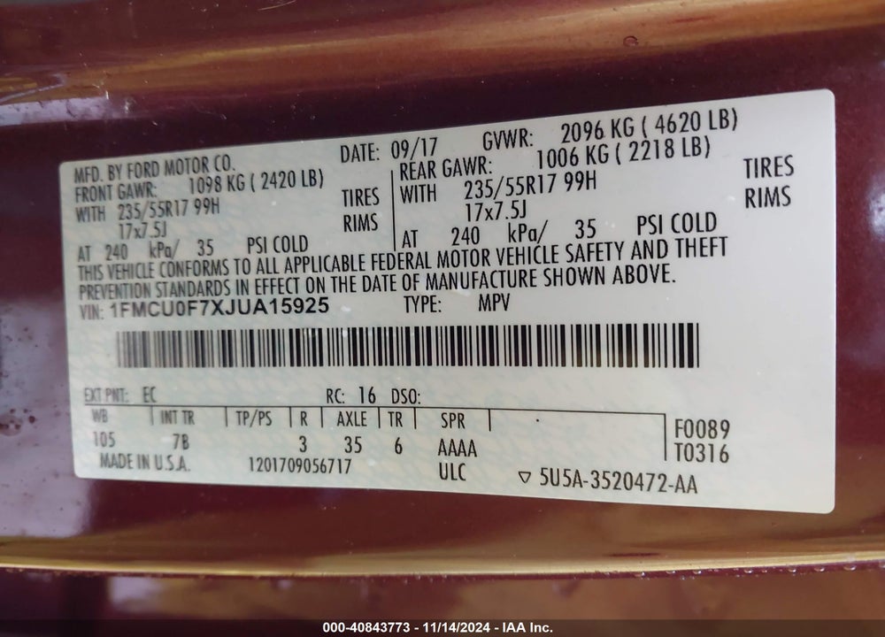 2018 FORD ESCAPE S VIN: 1FMCU0F7XJUA15925