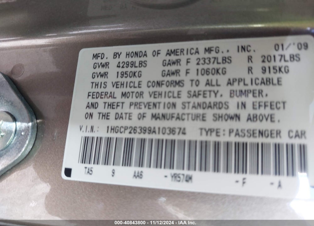 2009 HONDA ACCORD 2.4 LX VIN: 1HGCP26399A103674