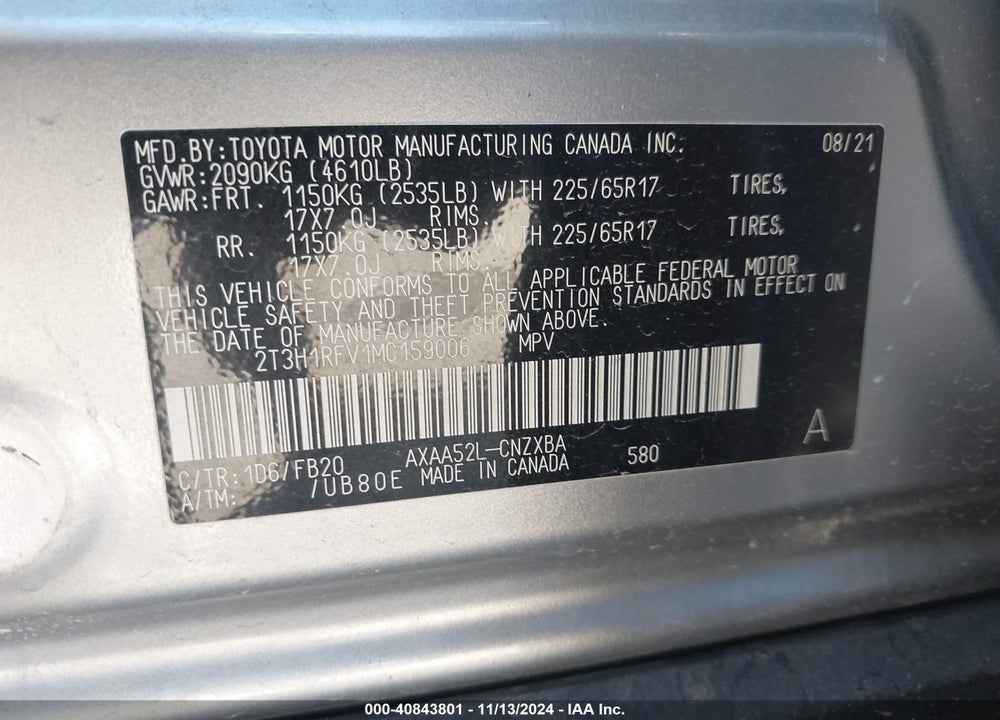 2021 TOYOTA RAV4 VIN: 2T3H1RFV1MC159006