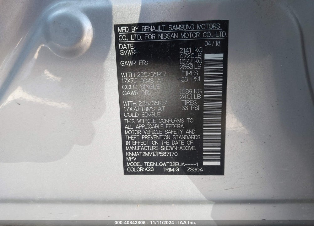 2018 NISSAN ROGUE SV VIN: KNMAT2MV1JP587170