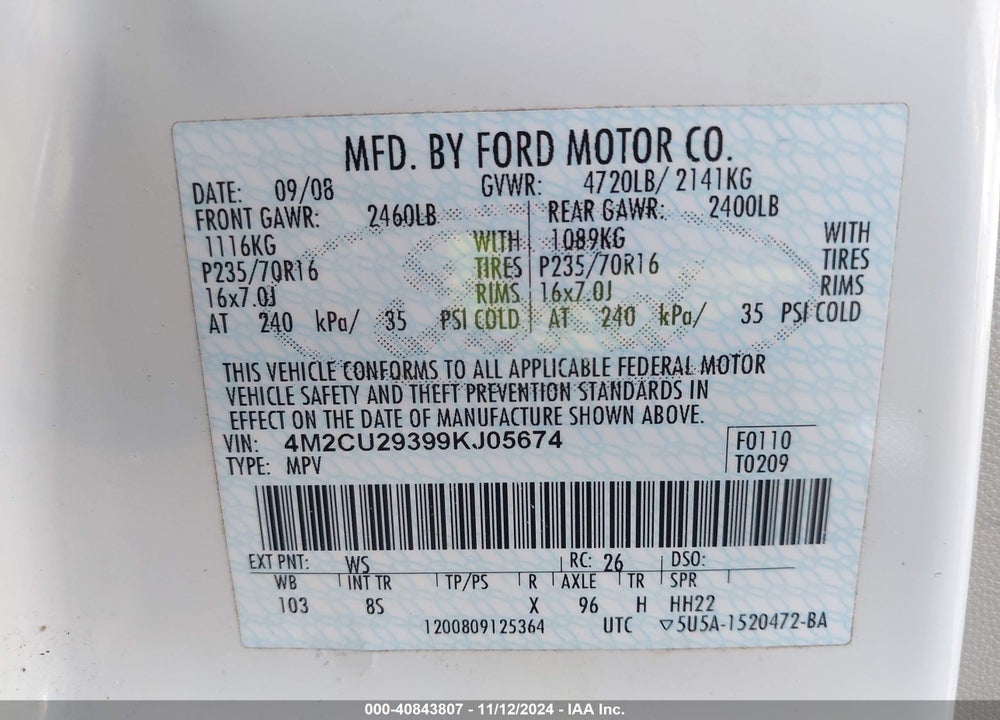 2009 MERCURY MARINER HYBRID VIN: 4M2CU29399KJ05674