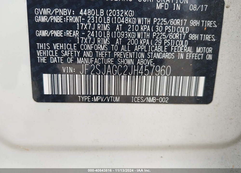 2018 SUBARU FORESTER 2.5I PREMIUM VIN: JF2SJAGC2JH457960