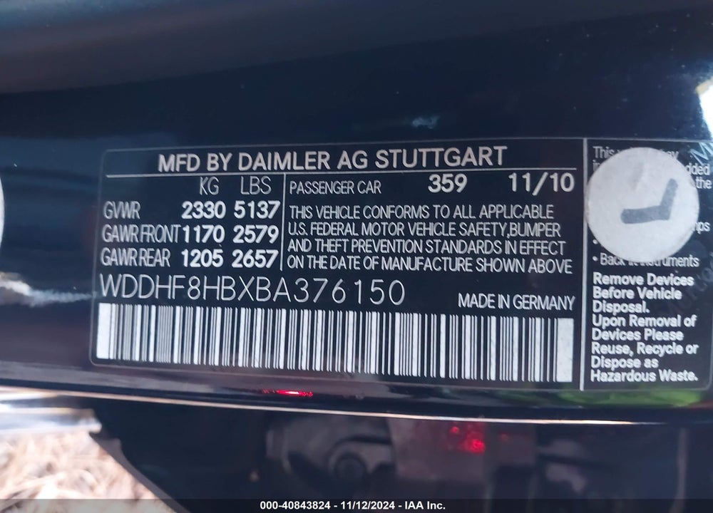 2011 MERCEDES-BENZ E 350 4MATIC VIN: WDDHF8HBXBA376150
