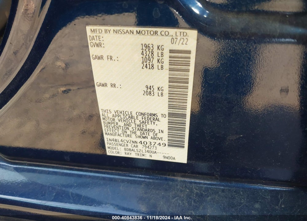 2022 NISSAN ALTIMA SR FWD VIN: 1N4BL4CV2NN403749
