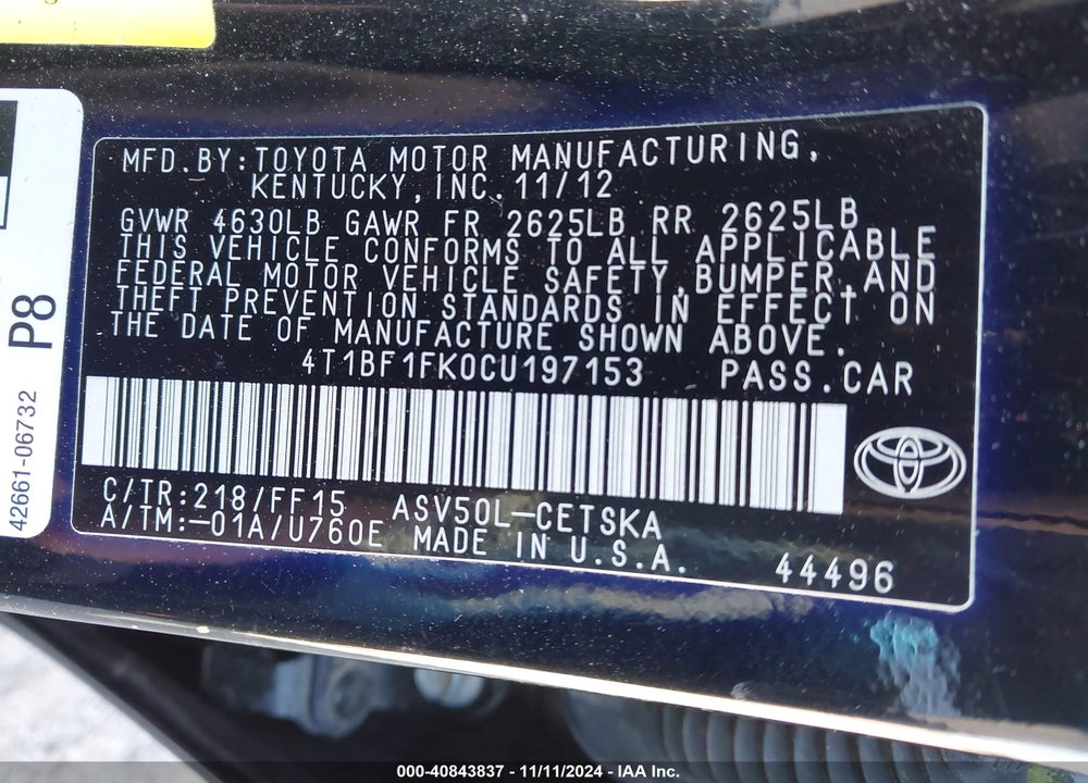 2012 TOYOTA CAMRY SE LIMITED EDITION VIN: 4T1BF1FK0CU197153