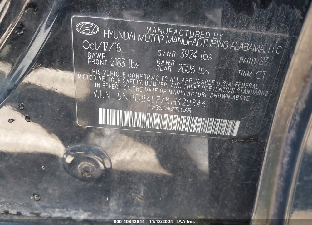 2019 HYUNDAI ELANTRA SEL VIN: 5NPD84LF7KH420846