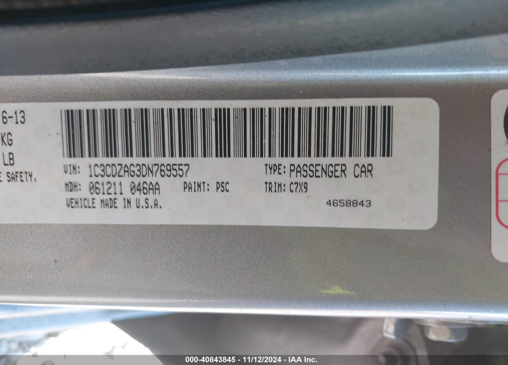 2013 DODGE AVENGER SE V6 VIN: 1C3CDZAG3DN769557