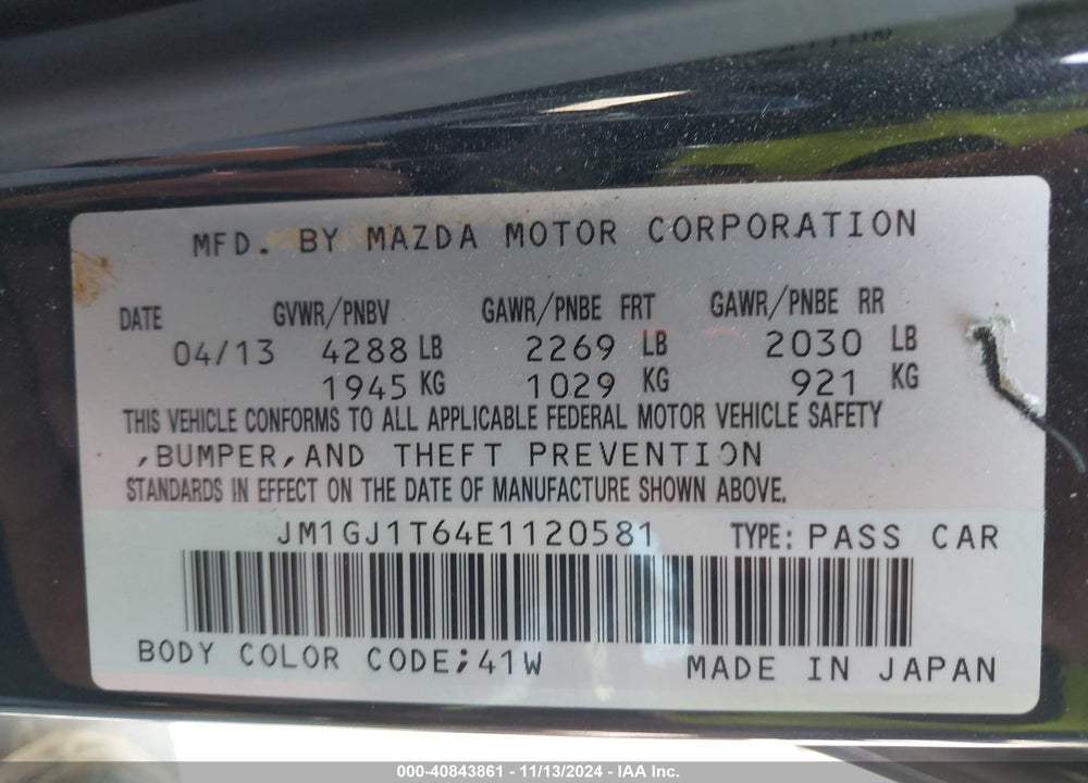 2014 MAZDA 6 I TOURING VIN: JM1GJ1T64E1120581