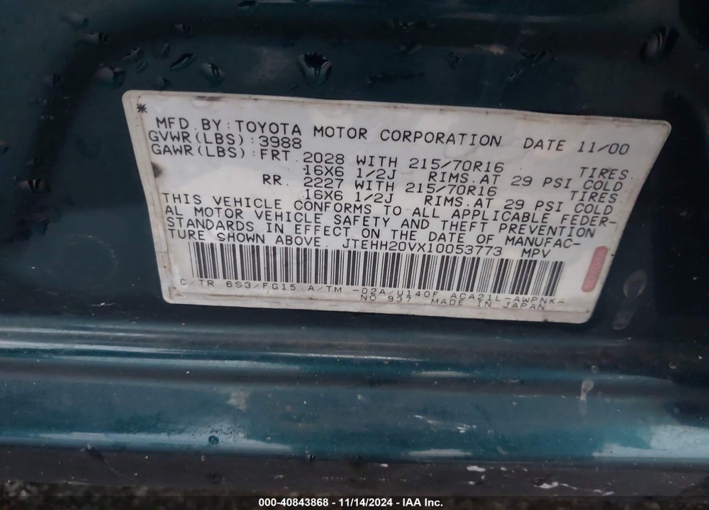 2001 TOYOTA RAV4 VIN: JTEHH20VX10053773