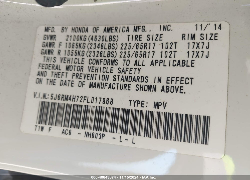 2015 HONDA CR-V EX-L VIN: 5J6RM4H72FL017968