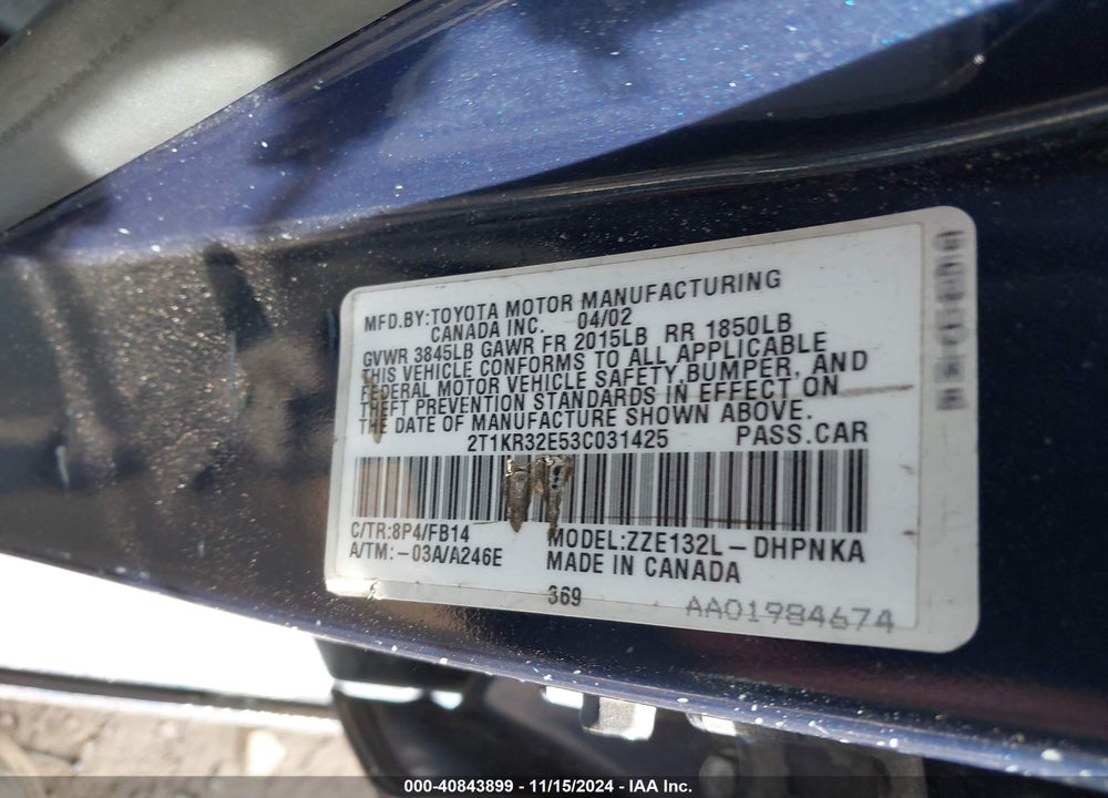 2003 TOYOTA MATRIX/XR VIN: 2T1KR32E53C031425