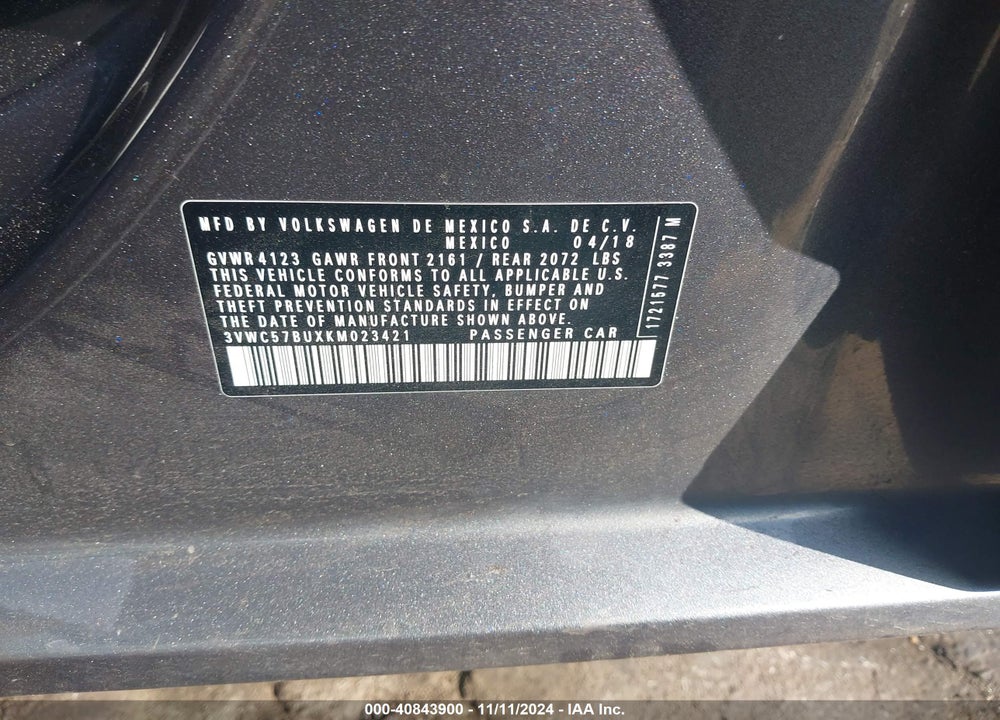 2019 VOLKSWAGEN JETTA 1.4T R-LINE/1.4T S/1.4T SE VIN: 3VWC57BUXKM023421