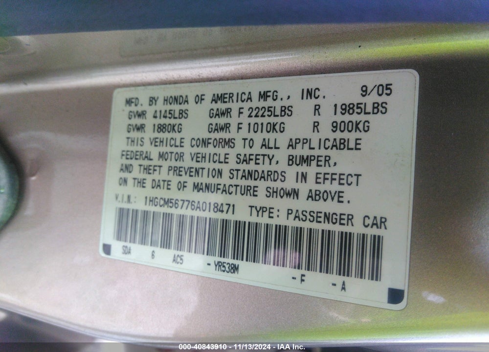 2006 HONDA ACCORD 2.4 EX VIN: 1HGCM56776A018471