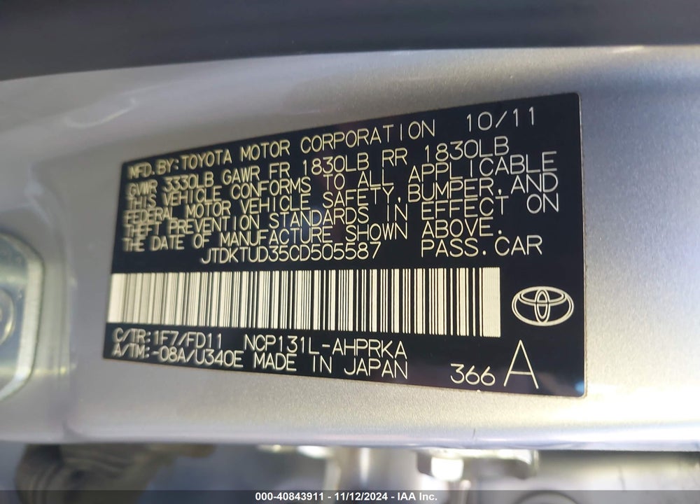 2012 TOYOTA YARIS VIN: JTDKTUD35CD505587