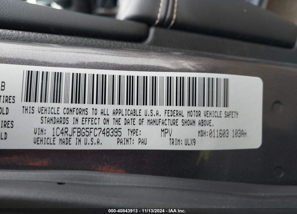 2015 JEEP GRAND CHEROKEE LIMITED VIN: 1C4RJFBG5FC748395