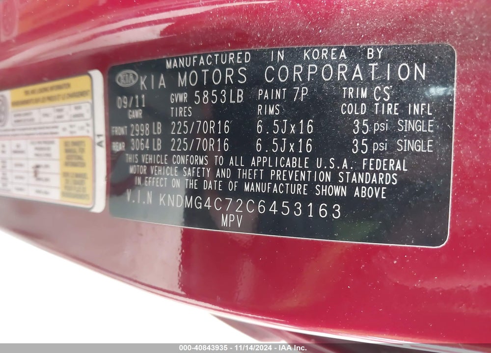 2012 KIA SEDONA LX VIN: KNDMG4C72C6453163