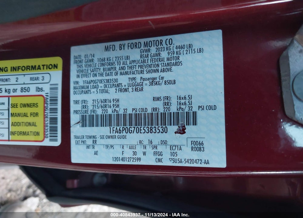 2014 FORD FUSION S VIN: 1FA6P0G70E5383530