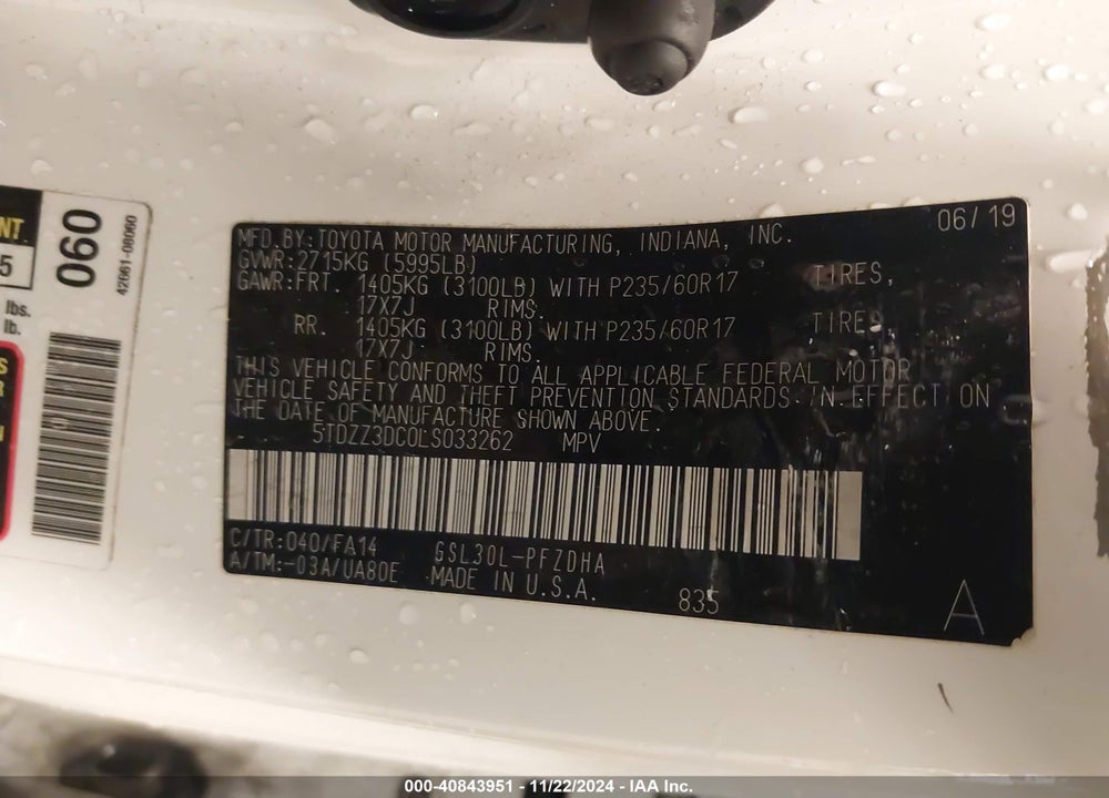 2020 TOYOTA SIENNA L VIN: 5TDZZ3DC0LS033262