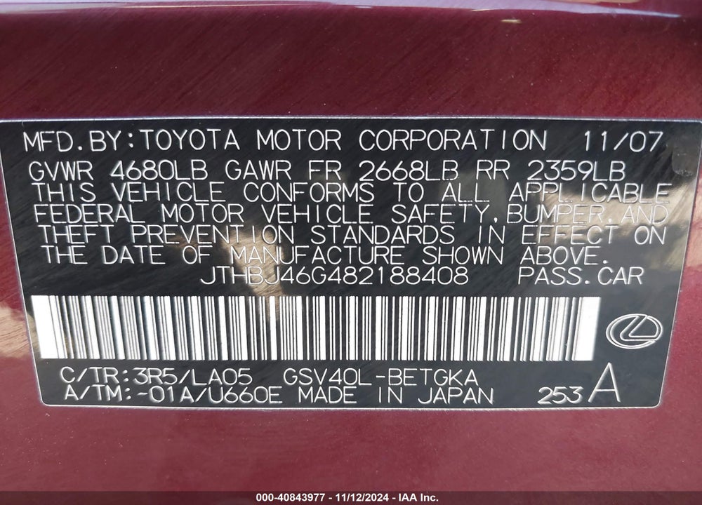 2008 LEXUS ES 350 VIN: JTHBJ46G482188408
