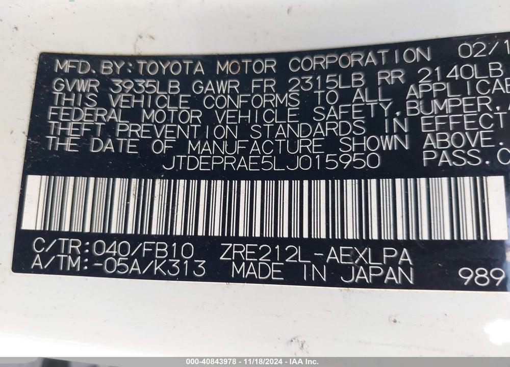 2020 TOYOTA COROLLA VIN: JTDEPRAE5LJ015950