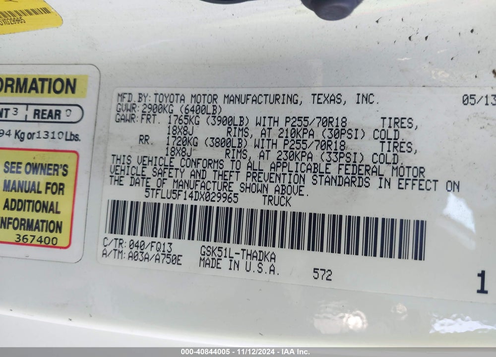 2013 TOYOTA TUNDRA GRADE V6 VIN: 5TFLU5F14DX029965