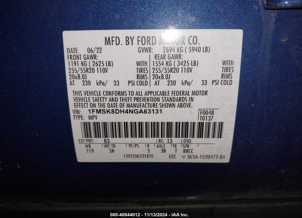 2022 FORD EXPLORER XLT VIN: 1FMSK8DH4NGA63131