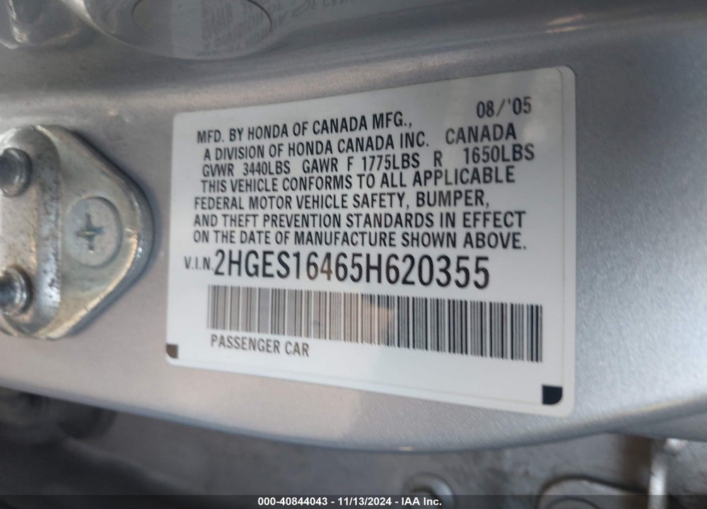 2005 HONDA CIVIC VP VIN: 2HGES16465H620355