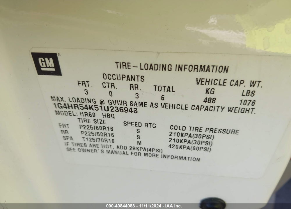 2001 BUICK LESABRE LIMITED VIN: 1G4HR54K51U236943