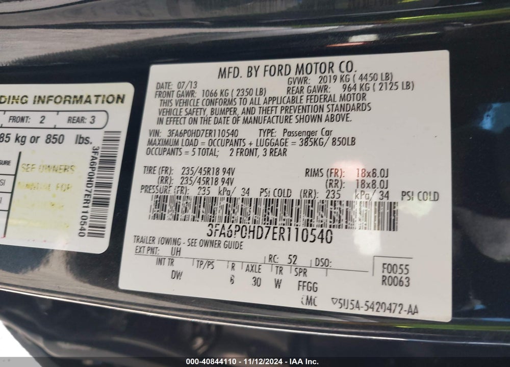 2014 FORD FUSION SE VIN: 3FA6P0HD7ER110540