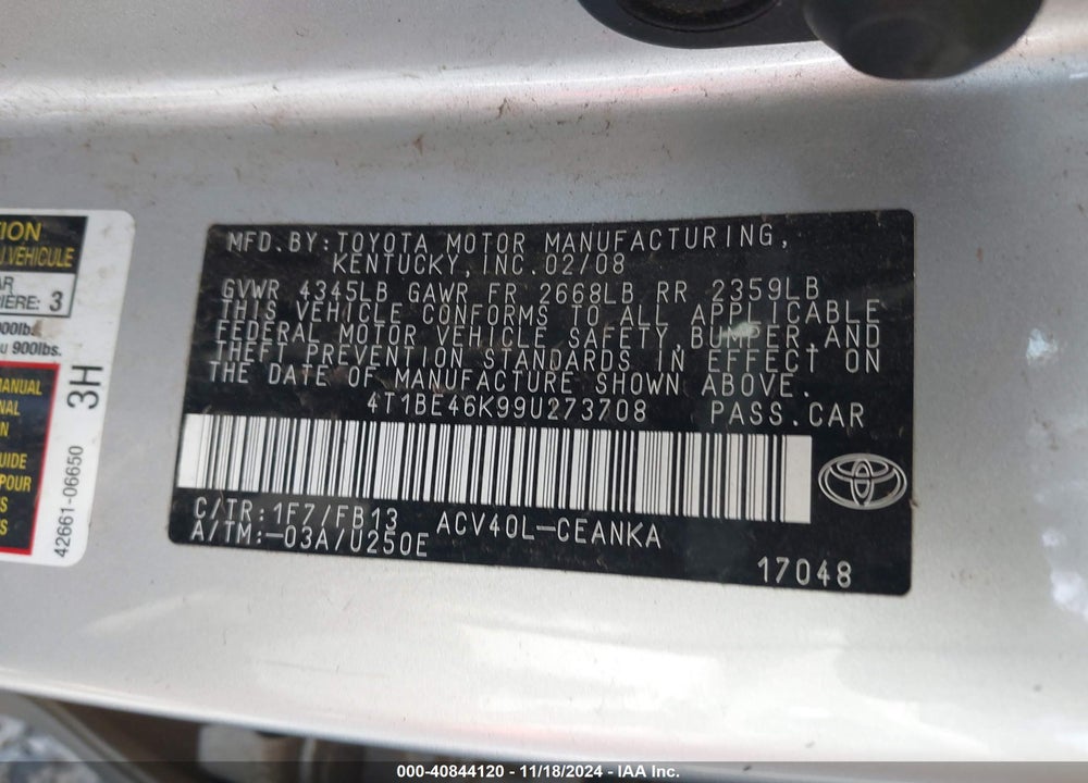 2009 TOYOTA CAMRY VIN: 4T1BE46K99U273708