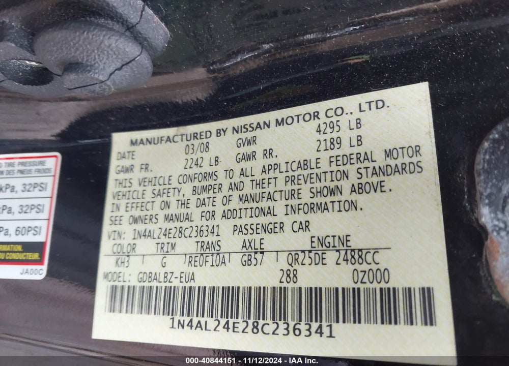 2008 NISSAN ALTIMA 2.5 S VIN: 1N4AL24E28C236341