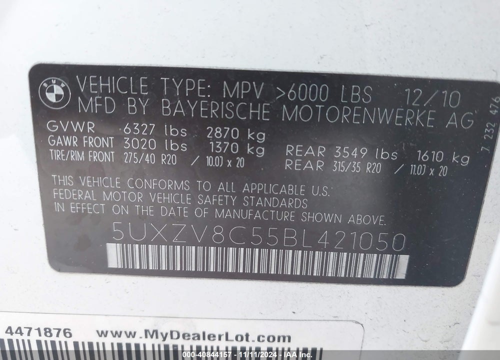 2011 BMW X5 XDRIVE50I VIN: 5UXZV8C55BL421050