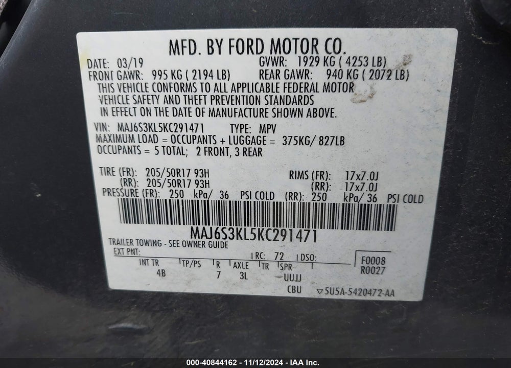 2019 FORD ECOSPORT TITANIUM VIN: MAJ6S3KL5KC291471