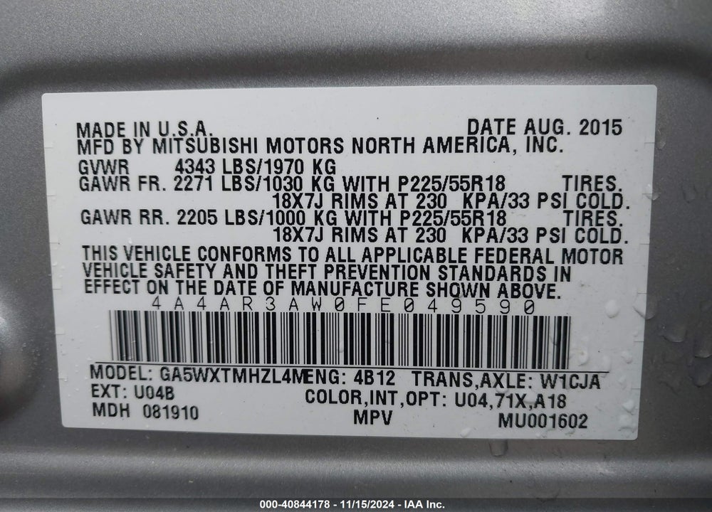 2015 MITSUBISHI OUTLANDER SPORT ES VIN: 4A4AR3AW0FE049590