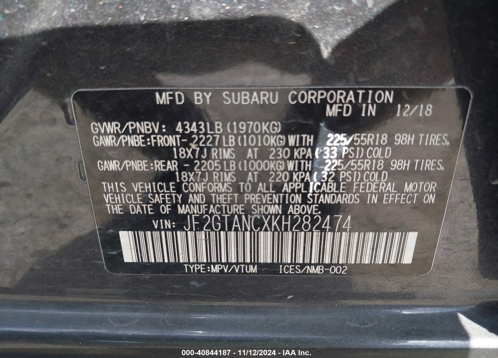 2019 SUBARU CROSSTREK 2.0I LIMITED VIN: JF2GTANCXKH282474
