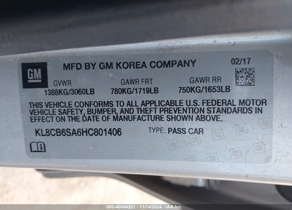 2017 CHEVROLET SPARK LS CVT VIN: KL8CB6SA6HC801406