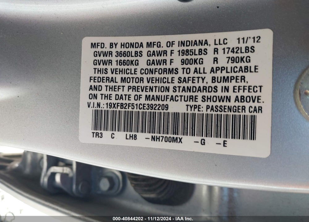 2012 HONDA CIVIC VIN: 19XFB2F51CE392209